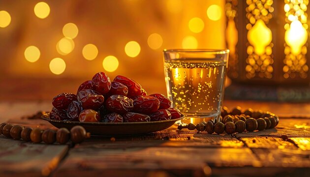 Ramadan Iftar Dates with Zamzam Water and Misbaha in Soft Lantern Light