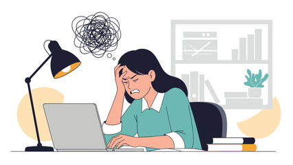 Stressed young woman working at her laptop with a tangled scribble in a thought bubble above her head signifying severe mental burnout.