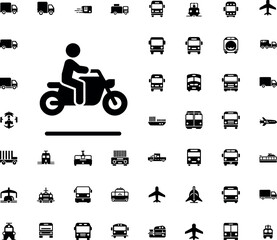 Large Collection of Black Transportation and Logistics Icons Featuring Motorcycle Rider Truck Airplane Bus and Shipping Symbols Isolated on White Background for Professional Web Design