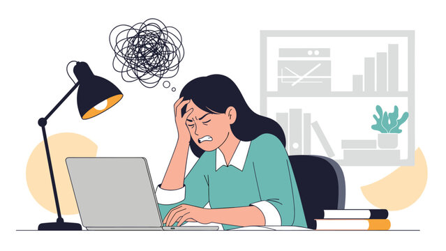 Stressed young woman working at her laptop with a tangled scribble in a thought bubble above her head signifying severe mental burnout.