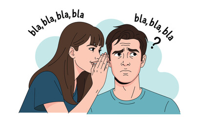Fototapeta premium Young woman whispers secret gossip into a man's ear while he looks surprised and confused with a large question mark above his head.