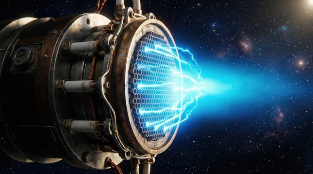 Electric Ion Thruster Emitting Blue Xenon Plasma Beam in Space Vacuum