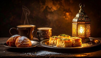 Fototapeta premium Eid al-Fitr Lebanese Maamoul and Knafeh Sweets with Arabic Coffee at Festive Table