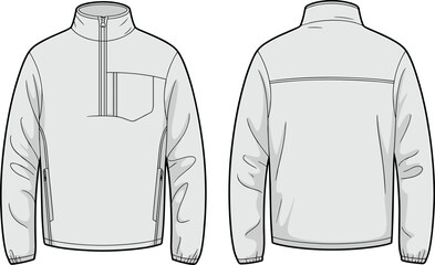Technical Fashion Flat Sketch of a Men's Half Zip Fleece Jacket with Standing Collar Chest Pocket Long Sleeves and Front View Back View Template © MSTMAFRUJA