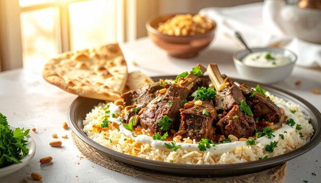 Eid al-Fitr Jordanian Mansaf Platter with Yogurt and Lamb in Traditional Setting