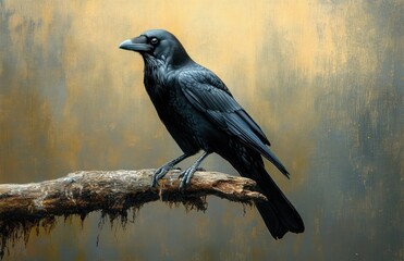 Fototapeta premium glossy black crow perched on a weathered branch with moss against a textured golden-gray backdrop, solitary and watchful