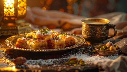Fototapeta premium Eid al-Fitr Lebanese Knafeh and Maamoul with Arabic Coffee in Traditional Setting