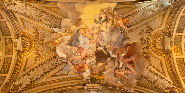 Florence - The baroque ceiling fresco (Apotheosis of St. Therese of Avila) of in the church Chiesa di Santa Maria Maggiore by unknown artist.