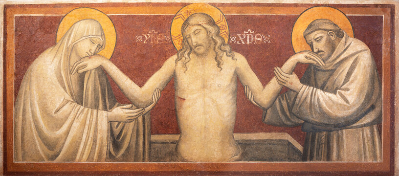 Prato - The medieval fresco od Dead Christ with the St. Francis and Virgin Mary in church San Francesco (Sala del Capitolo) by Niccolo Gerini (1395 - 1400).