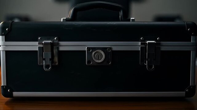 Black toolbox on wooden surface with silver accents and closed latch