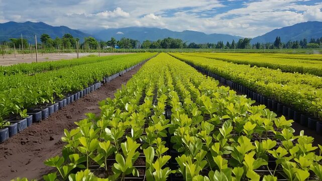 Rows of young tree seedlings growing in organized trays at a forest nursery under a clear blue sky with distant mountains and a gentle breeze