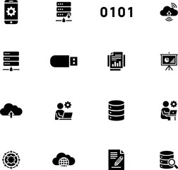 Set of sixteen black technology icons including server cloud binary code laptop data report presentation and database