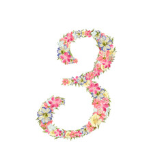 Fototapeta premium 花で飾られた数字の3 ピンクと青のフラワーナンバー かわいいボタニカル装飾 透過PNG