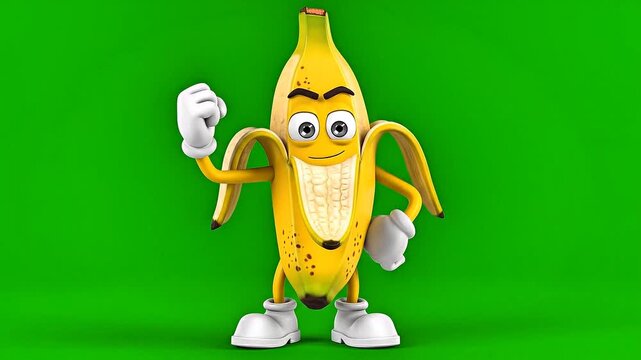 Angry anthropomorphic banana character flexing aggressively on green screen. 3D rendered tough and fierce banana mascot with muscular arms, angry expression