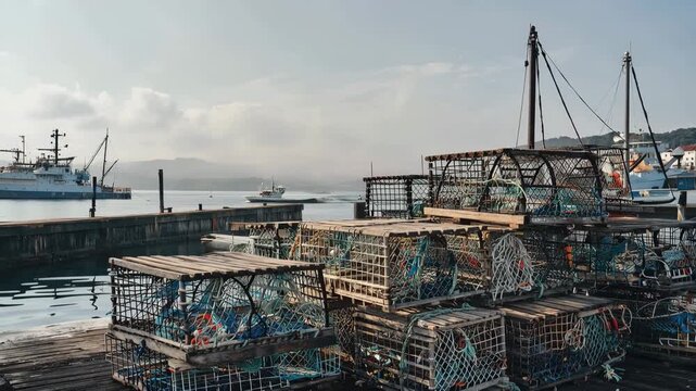 Organized crab traps stacked on a fishing dock under natural daylight, showcasing maritime equipment with boats and a serene waterfront in the background