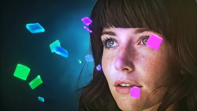 Mosaic of faces morphing men and women concept. Young woman with freckles looking at glowing colorful floating cubes on dark background digital concept