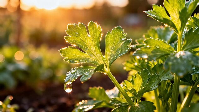 Celery plant with dew drops in sunlight