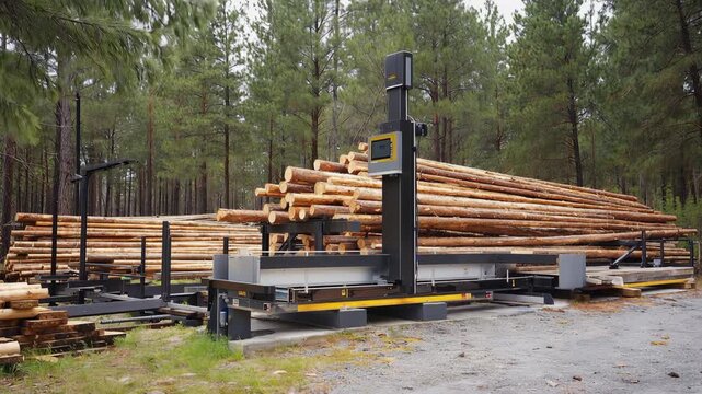 Modern timber measurement station in forest clearing with digital log scanner and stacked wood, showcasing continuous action of log processing and measurement