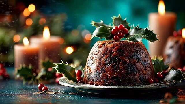 Christmas pudding with holly and candles