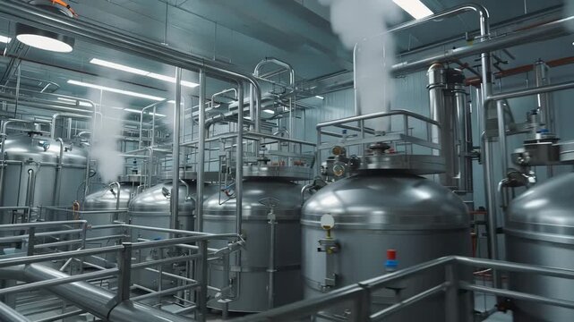 Chemical manufacturing plant interior featuring large reaction vessels and interconnected pipelines with steam rising from multiple tanks in a modern industrial setting