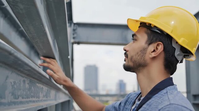 Experienced male structural engineer in yellow hard hat inspects steel beam alignment with focused attention, ensuring precise measurements in an urban construction site