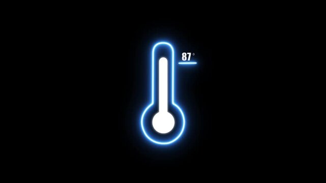 A vibrant blue neon outline of a laboratory thermometer a reading of 87 degrees Fahrenheit against a completely black backdrop, with a soft luminous aura