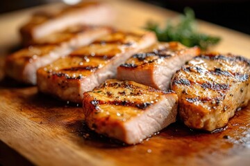 sliced grilled pork chops with charred sear and glossy glaze on a wooden cutting board, warm and mouthwatering