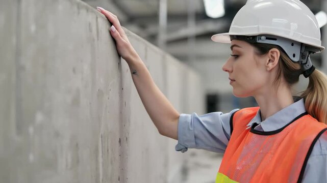 Young European female production engineer inspects concrete surface quality with focused attention, wearing safety helmet and reflective vest in a construction environment