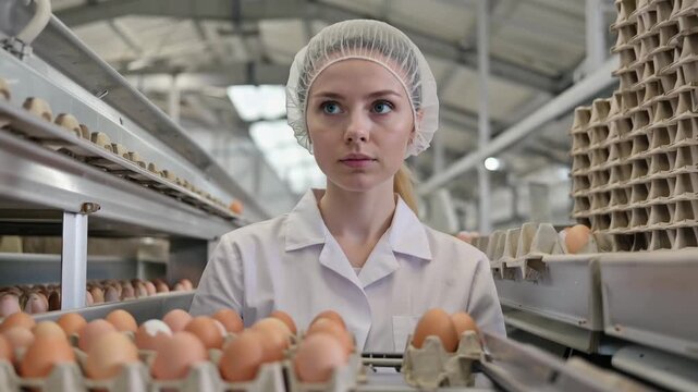 Young European female poultry technician inspecting egg flow on conveyor belt, focused on quality control in a bright, spacious poultry processing facility