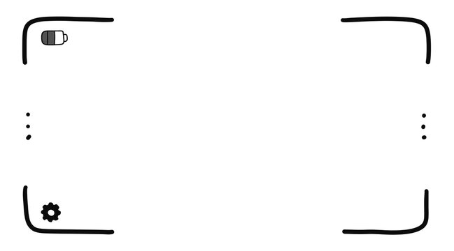 Hand drawn camera viewfinder overlay frame on transparent background. Corner brackets, battery icon, and settings gear. For photo editing, cinematic video effects, social media content, vlog templates