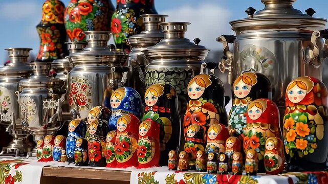 Russian nesting dolls and samovars with floral accents sit on an outdoor table