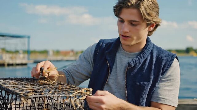 Young European male fisherman examines crab trap mechanism while seated by the water, showcasing the intricate details of the trap and the surrounding natural environment
