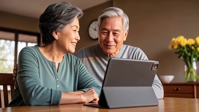 Happy Asian senior couple using tablet computer together at home dining table with yellow flowers in background