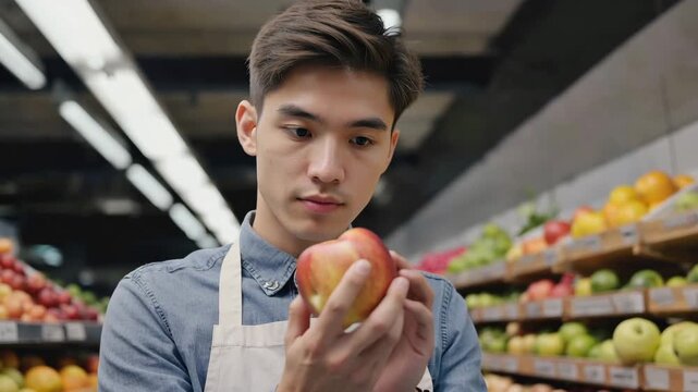 Young male grocery worker inspects fresh apple closely, then adjusts fruit placement on display in supermarket aisle filled with various fruits and vegetables
