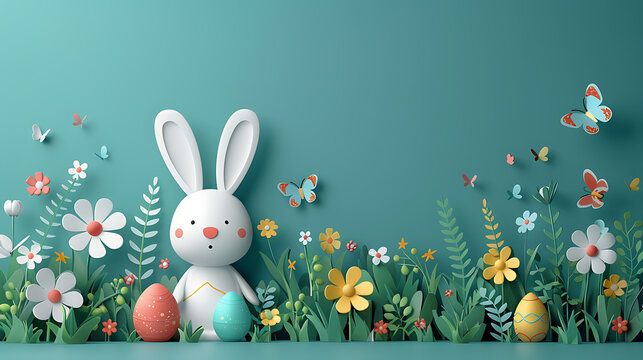 Minimal 3D Paper Cut Style Easter Poster, Trendy Teal Bunny and Eggs, Tech Style Holiday Background.