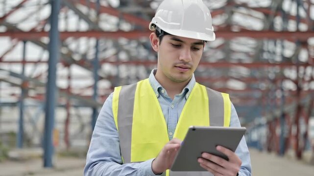 Young European male site engineer in safety vest and hard hat reviews structural plans on tablet, surrounded by warehouse construction framework and scaffolding