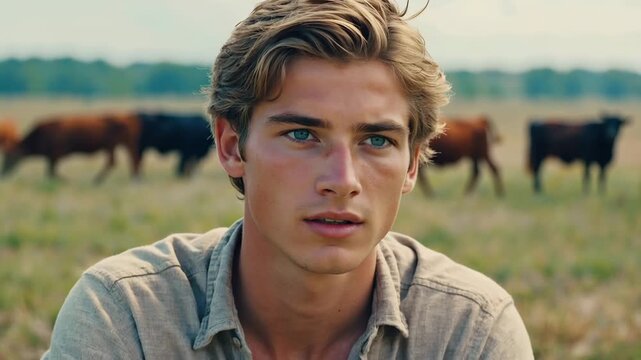 Young European male ranch worker observing cattle herd in a grassy field, displaying a calm demeanor and focused expression while surrounded by grazing cows