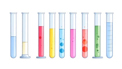 A line of glass test tubes filled with colorful liquids, some with bubbles, against a white background