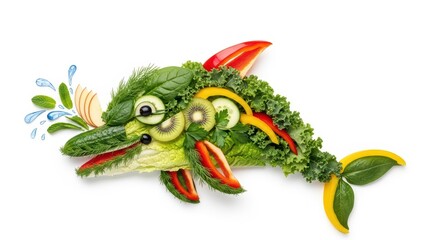 Fototapeta premium Creative dolphin made of fresh vegetables and fruits