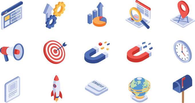 Isometric Digital Marketing Icons Set with SEO Analytics Target Email Magnet Rocket Globe and Business Strategy Elements for Web and App Design