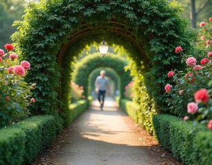 Fototapeta premium Man walks down garden path under green vine archway. Roses bloom along manicured hedges. Sunlight shines on pathway and plants. Peaceful nature scene.