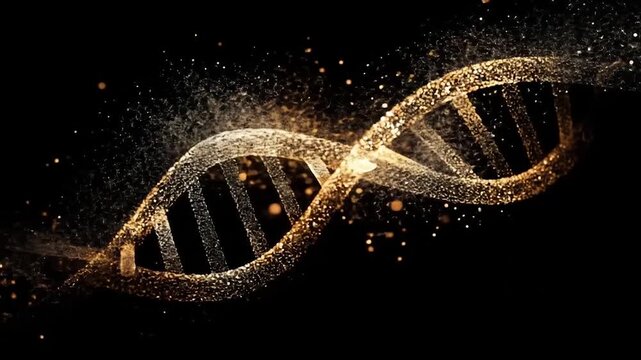 Golden dna helix abstract on black background for science and technology