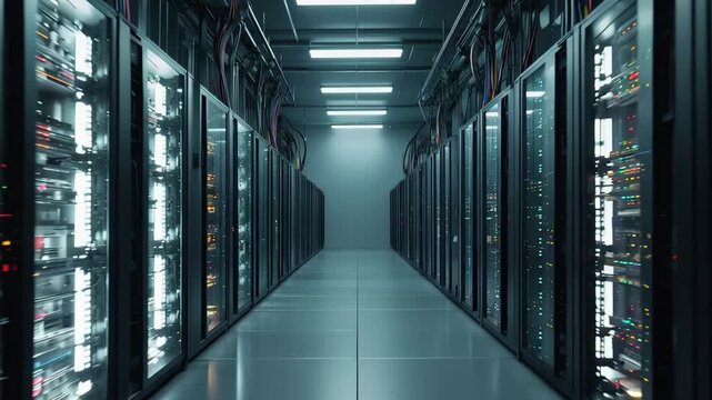 Cryptocurrency mining facility with rows of high-performance computing rigs glowing softly in dark environment, showcasing advanced technology and organized structure