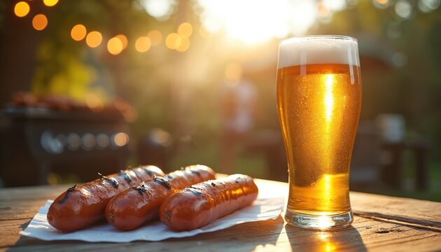 Glass of cold beer and grilled sausages on a wooden table. Backyard grill party with blurred lights in background. Summer outdoor meal with refreshing drink and cooked meat.