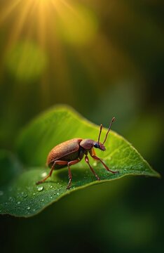 Tiny brown beetle rests on wet green leaf in bright sun. Insect macro view shows details of fauna on plant. Nature photography with bokeh background, focus on arthropod life.