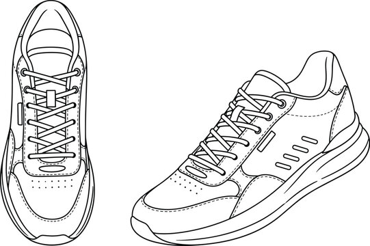 Athletic shoes line drawing illustration, top and side views, laces, sole design, stitching details, footwear fashion, vector artwork