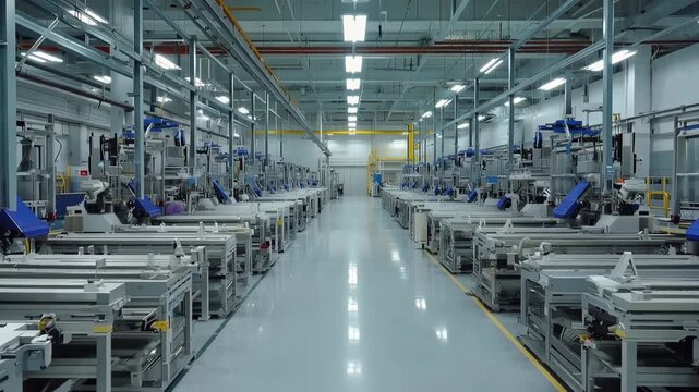 Industrial plastic injection molding facility with automated molds opening and closing, showcasing a continuous workflow in a modern manufacturing environment