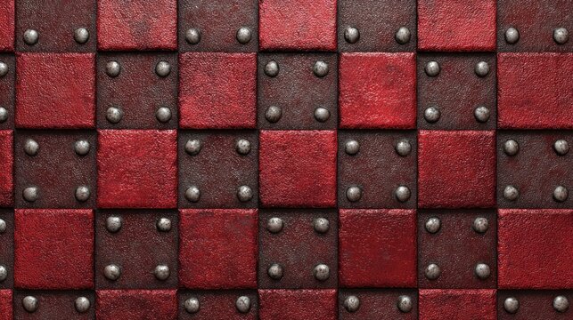 Abstract red and brown checkered pattern with metal studs texture