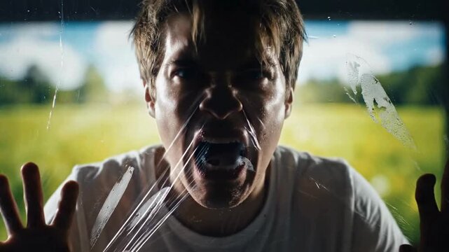 Intense video footage shows a young man screaming in frustration, pressing his face and hands against a confining transparent plastic barrier, portraying extreme emotional distress and struggle for fr