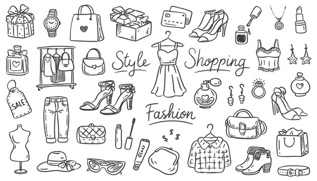 Large set of fashion, shopping, and beauty vector doodles. Hand drawn clothing, cosmetics, accessories, and gifts. Black and white outline illustrations for women's blog or retail design.